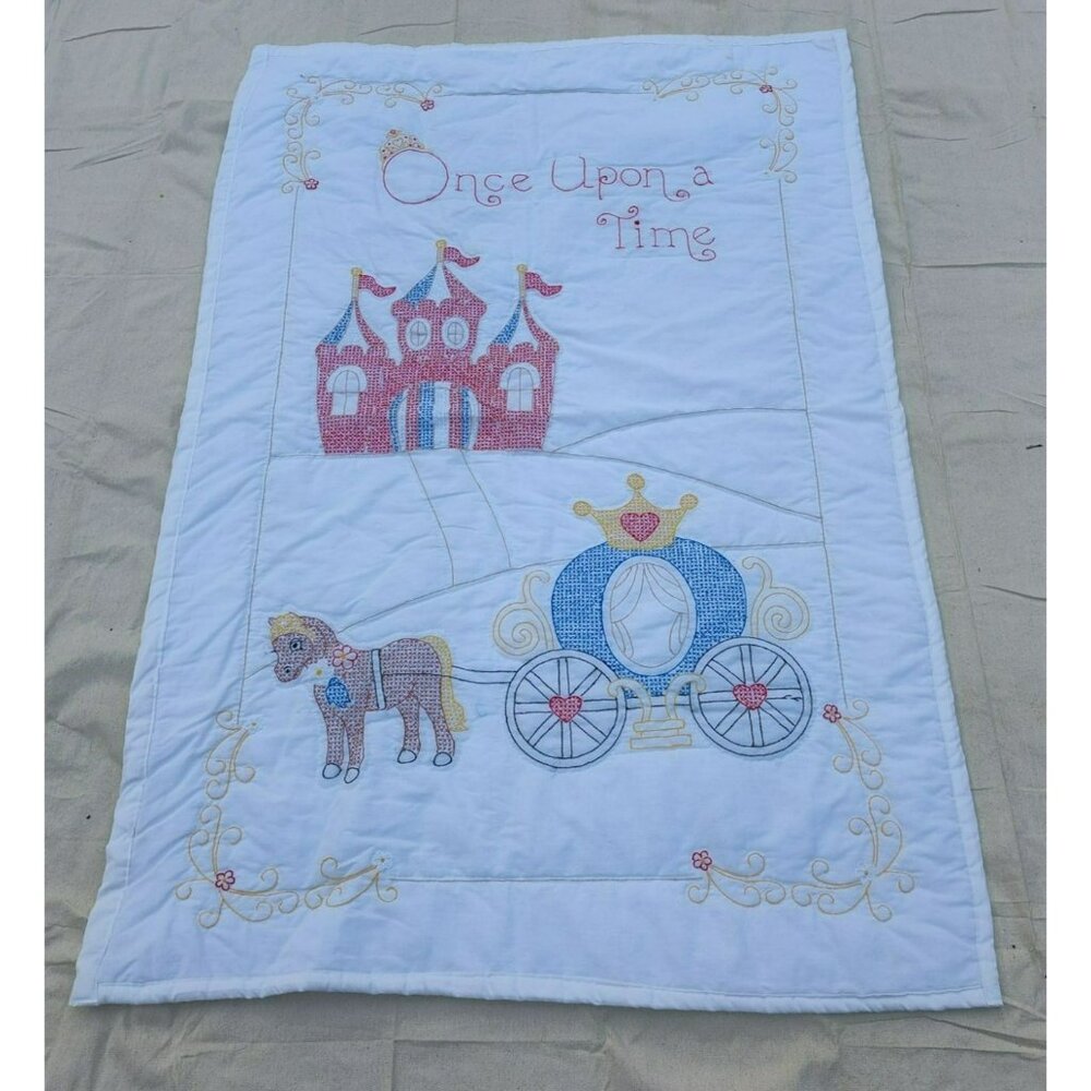 Handmade Baby Quilt, Embroidered Castle Carriage Once Upon a Time, 39"x59"